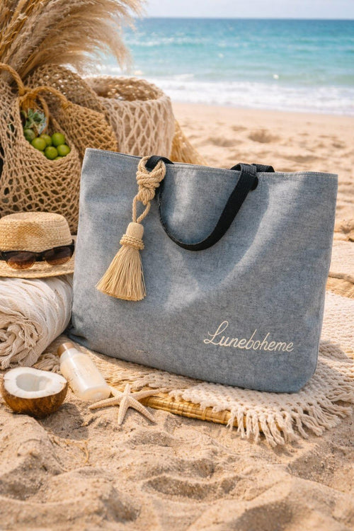 Cabas LuneBohème Denim – Pompon Corde Bohème & Anses Bleu Marine