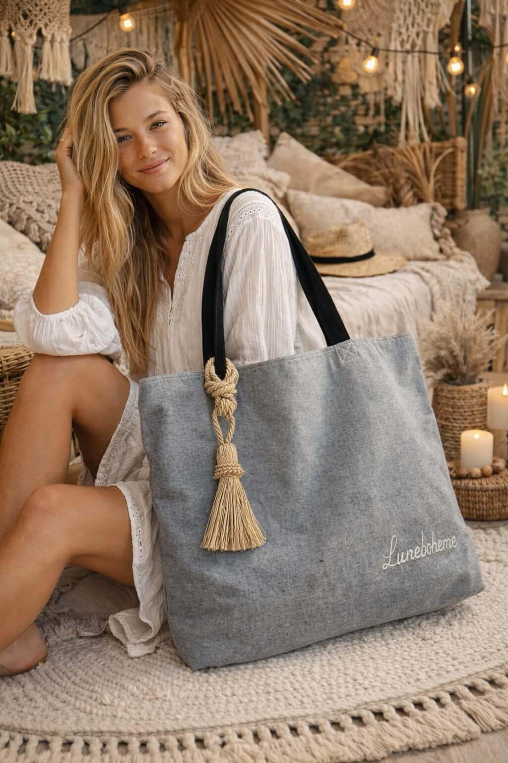 Cabas LuneBohème Denim – Pompon Corde Bohème & Anses Bleu Marine