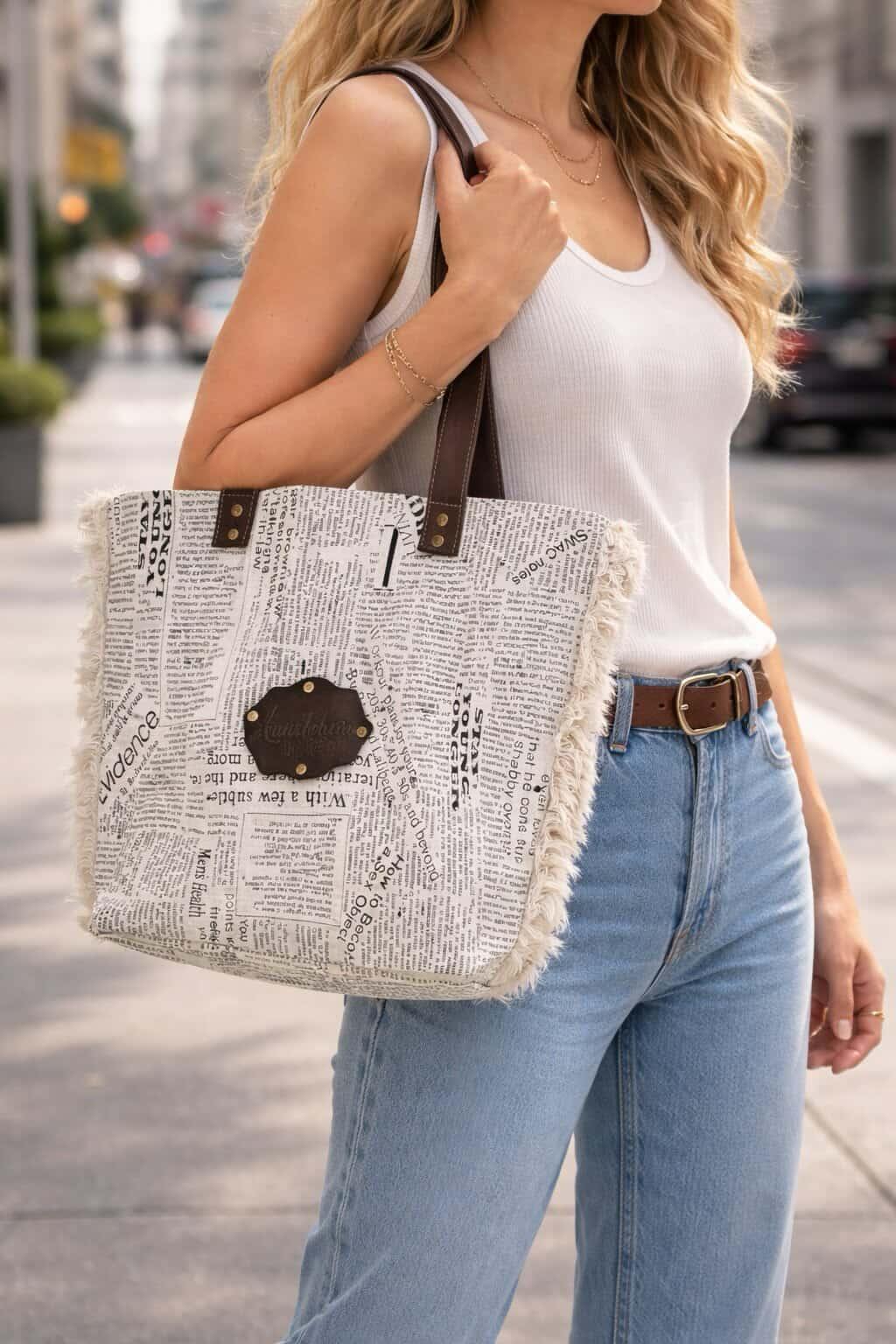 Cabas LuneBohème Newspaper 45×30×15 cm – Toile Imprimée Journal, Franges & Anses Cuir