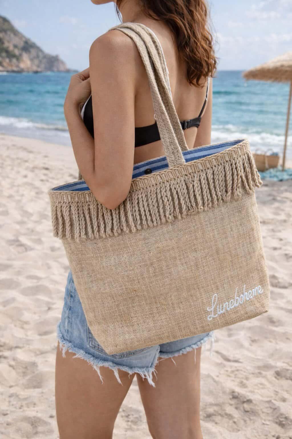 Cabas LuneBohème Jute Naturelle – Frange Moulinée & Détails Rayés Bleu