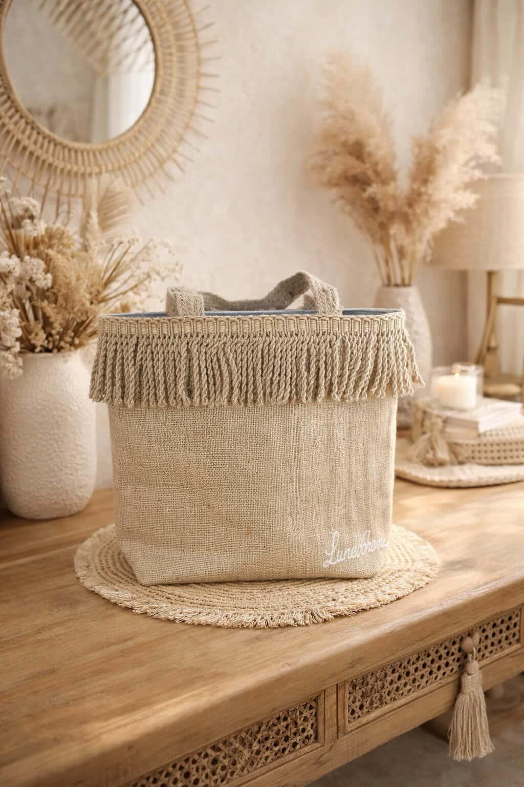Cabas LuneBohème Jute Naturelle – Frange Moulinée & Détails Rayés Bleu