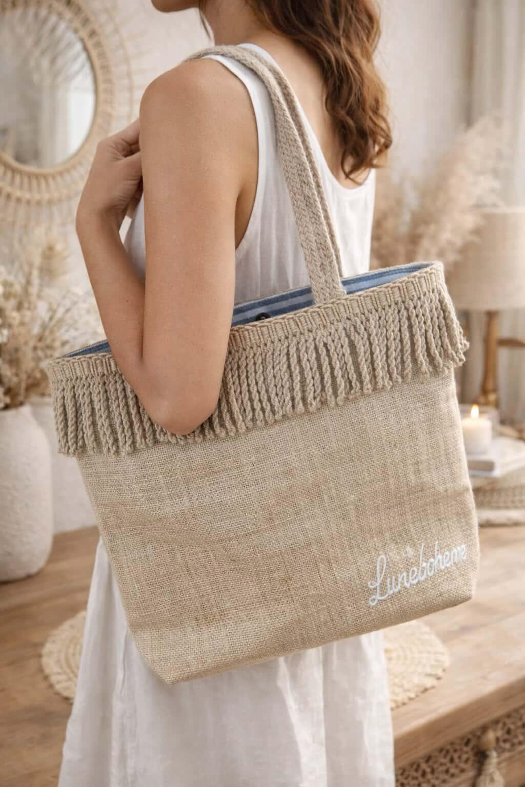 Cabas LuneBohème Jute Naturelle – Frange Moulinée & Détails Rayés Bleu