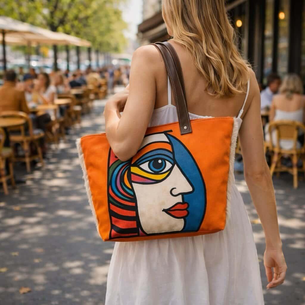 Cabas LuneBohème Orange Pop Art 45×30×15 cm – Doublure Toile de Lin & Anses Cuir Véritable