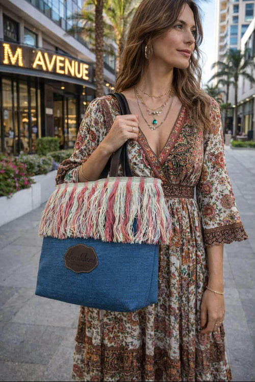Cabas LuneBohème Denim 45×30×15 cm – Frange organique Multicolore & Anses Cuir