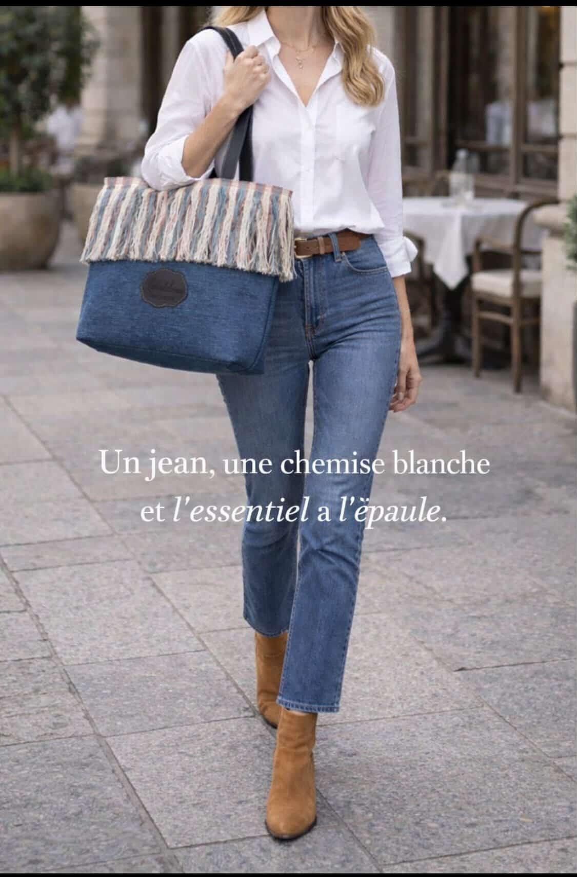 Cabas LuneBohème Denim 45×30×15 cm – Frange organique Multicolore & Anses Cuir