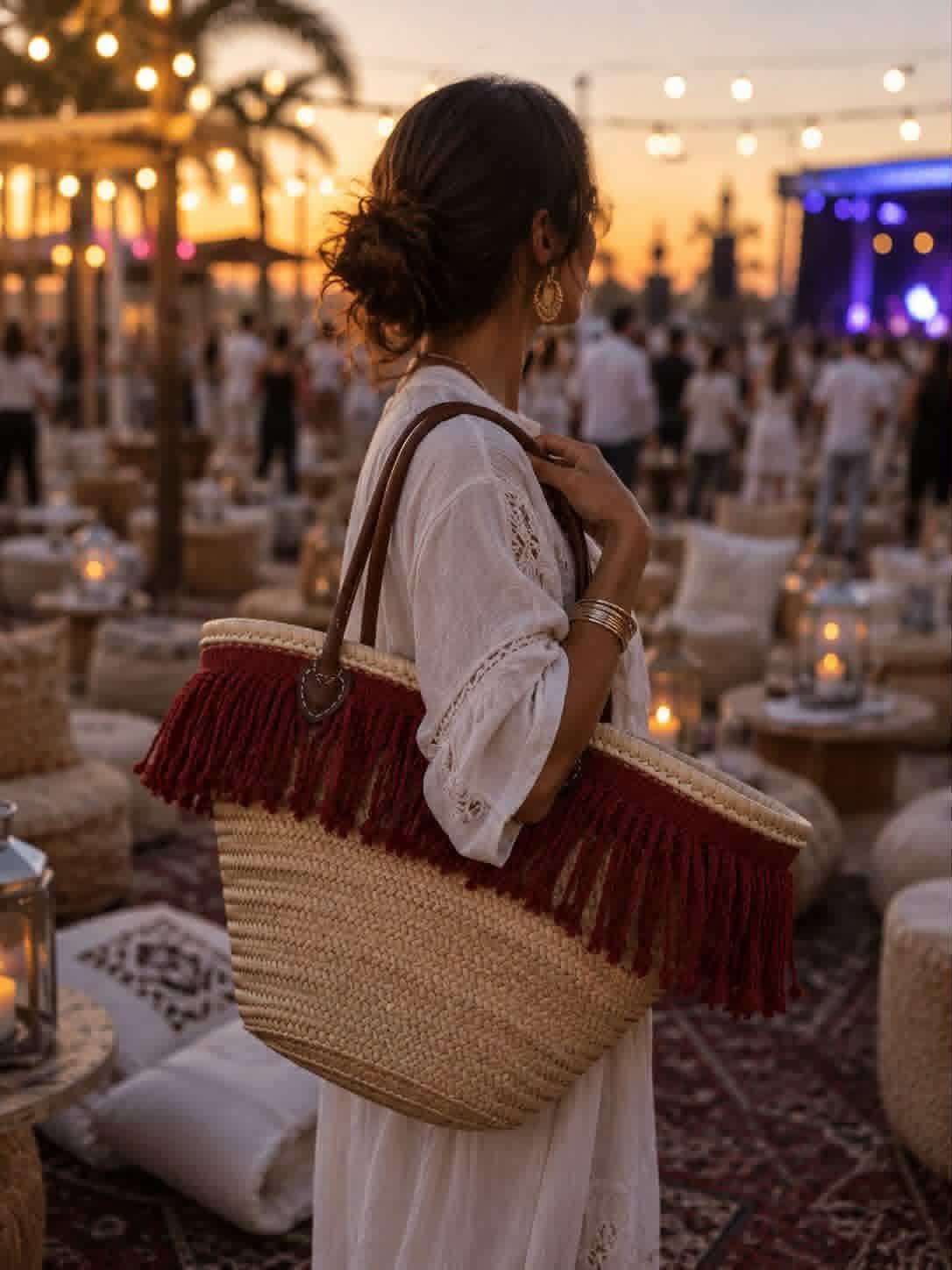 Panier Grenat – Franges moulinées en toile de jute & housse en organza