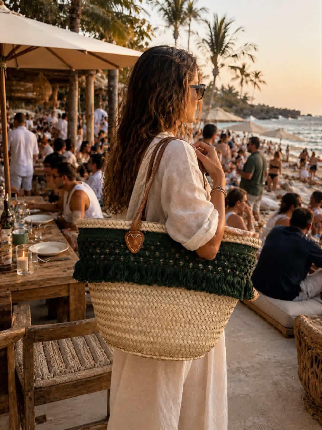 Panier Émeraude – Franges tressées & housse en organza