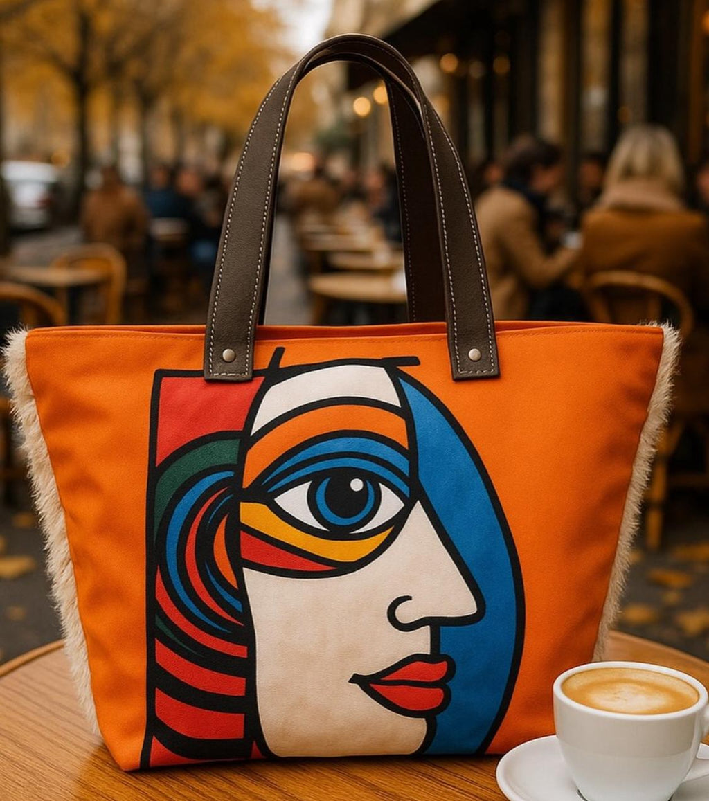 Cabas LuneBohème Orange Pop Art 45×30×15 cm – Doublure Toile de Lin & Anses Cuir Véritable