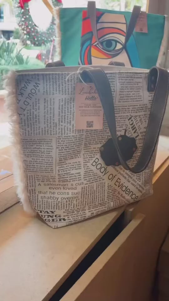 Cabas LuneBohème Newspaper 45×30×15 cm – Toile Imprimée Journal, Franges & Anses Cuir